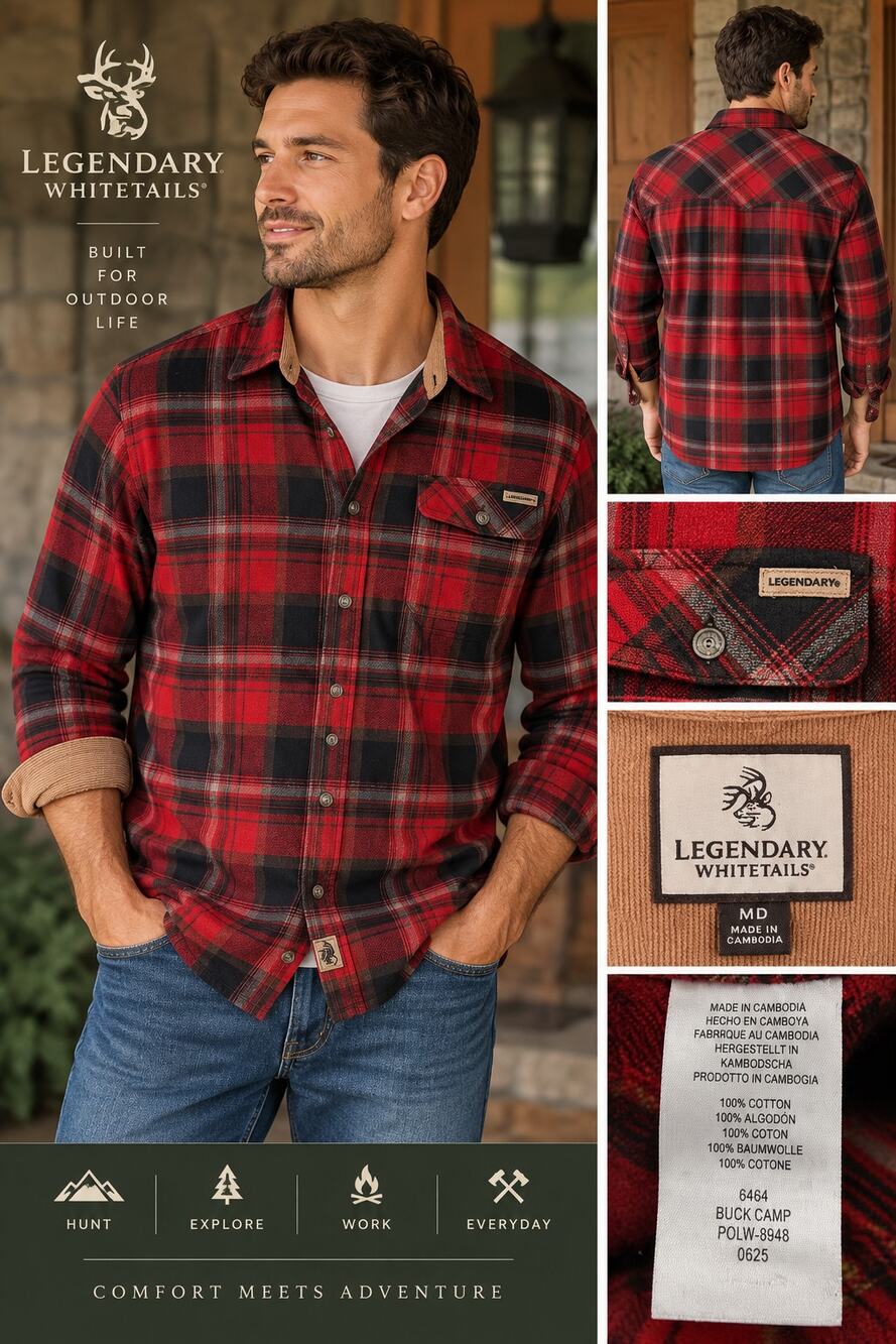Legendary Whitetails Buck Camp Flannel Shirt Red Black Plaid Men's Medium